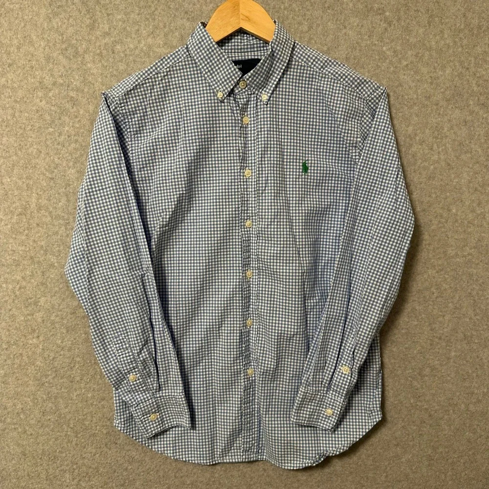 Ralph Lauren Kids Blue Gingham Button Down Shirt L 14-16 Cotton Long Sleeve Pony